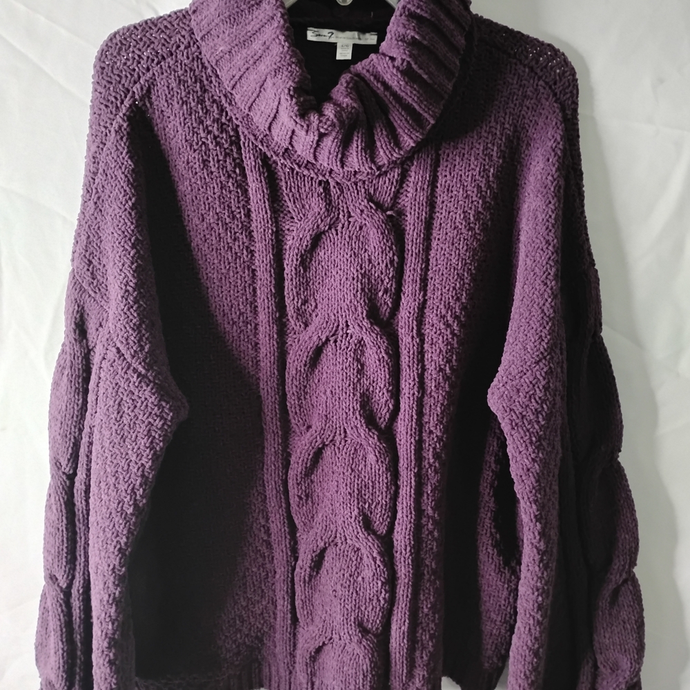 Seven7 Purple Cowl Neck Cable Knit Sweater Women's Size Large